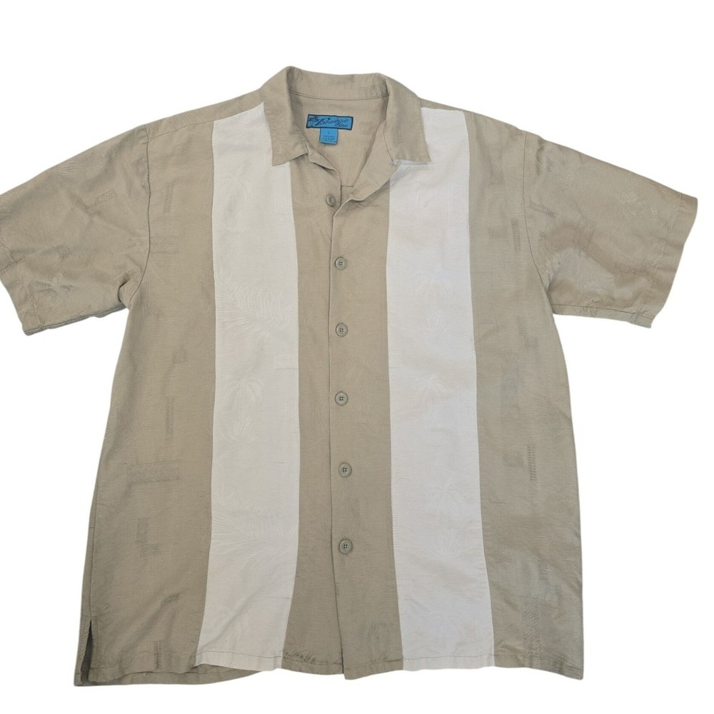 Paradise Blue Mens 100%‎ Silk Palm Tree Jacquard Camp Shirt Tan Cream Large